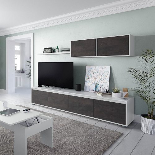 Juego salón mueble TV 4 puertas, módulo superior, estante de colgar, 200 cm, salón, blanco-óxido- Alborea