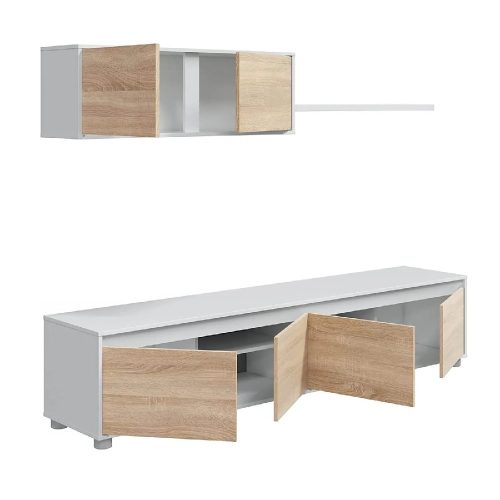 Juego salón mueble TV 4 puertas, módulo superior, estante de colgar, 200 cm, vacío, blanco-roble - Alborea