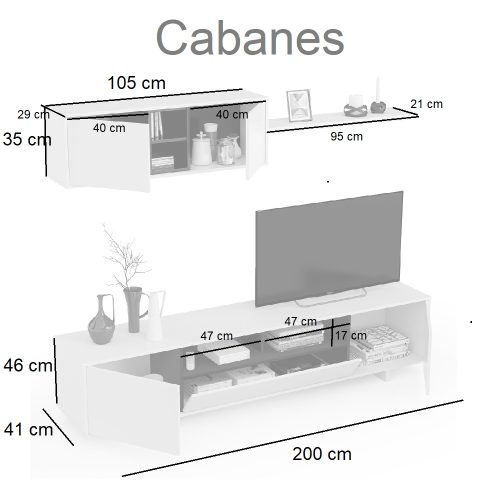 Medidas conjunto de salon mueble para TV 3 puertas y estante para colgar 2 puertas, 200cm - Cabanes