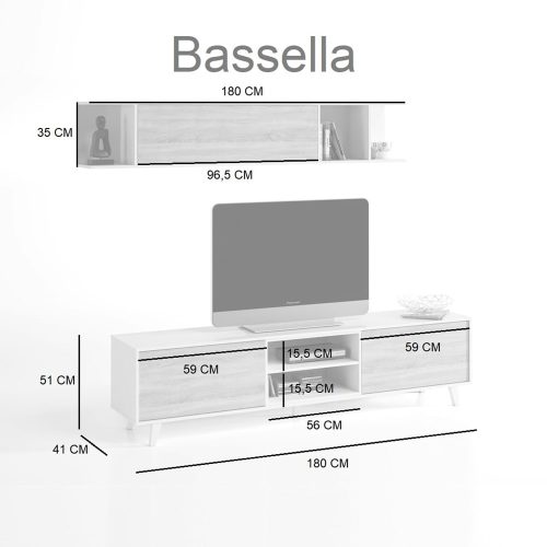 Medidas conjunto de salón mueble para TV y estante para colgar baldas decorativas 180 cm Bassella