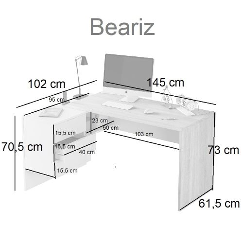 Medidas escritorio reversible con buc multi-posición de 3 cajones y un hueco – Beariz