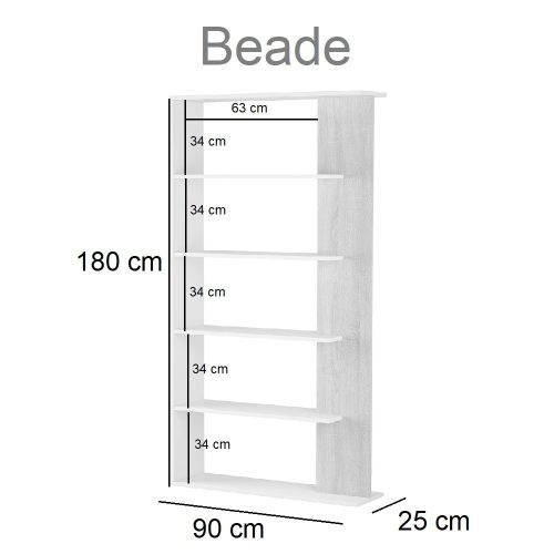 Medidas estantería alta decorativa de 5 niveles, baldas anchas y poco profundas - Beade