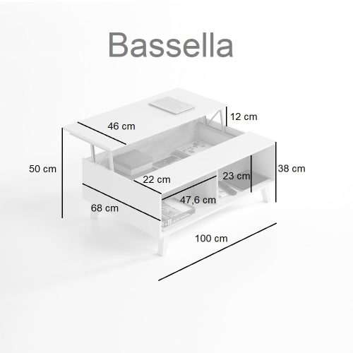 Medidas mesa de centro tapa elevable, 2 baldas exteriores y espacio para almacenar - Bassella
