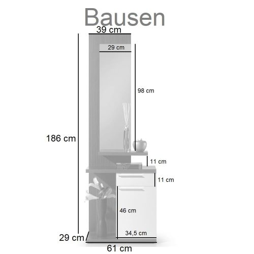 Medidas recibidor con espejo, con un cajon y una puerta y 2 estantes abiertos - Bausen