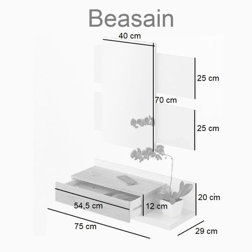 Medidas recibidor de pared pequeño para colgar con cajón y espejo, asimetrico - Beasain