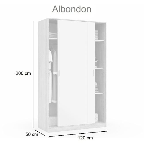 Medidas. Armario 2 puertas correderas, barra de colgar, 3 estantes, balda superior, puertas abiertas - Albondon
