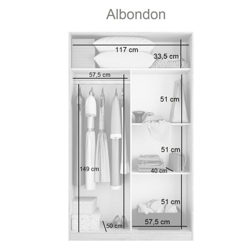 Medidas. Armario 2 puertas correderas, barra de colgar, 3 estantes, balda superior, sin puertas - Albondon