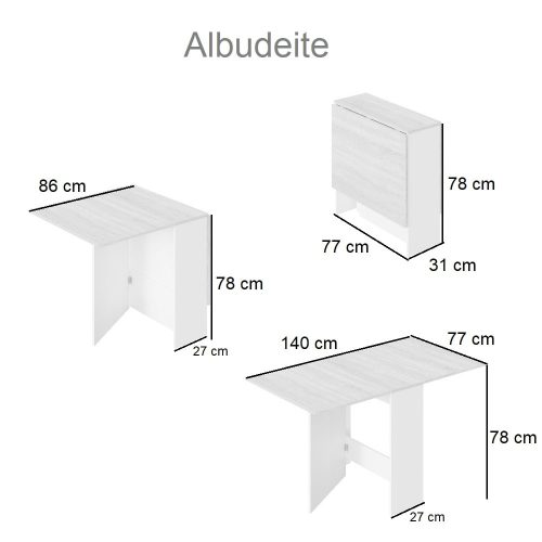 Medidas. Mesa de comedor plegable, alas abatibles, 3 posiciones diferentes - Albudeite