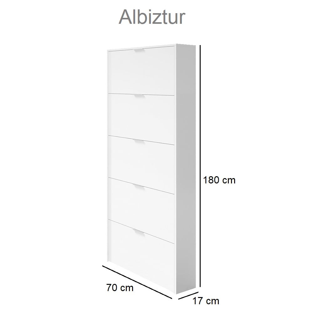 Zapatero de cinco puertas con apertura abatible, color blanco brillo,  Medidas 70 x 180 x 17 cm
