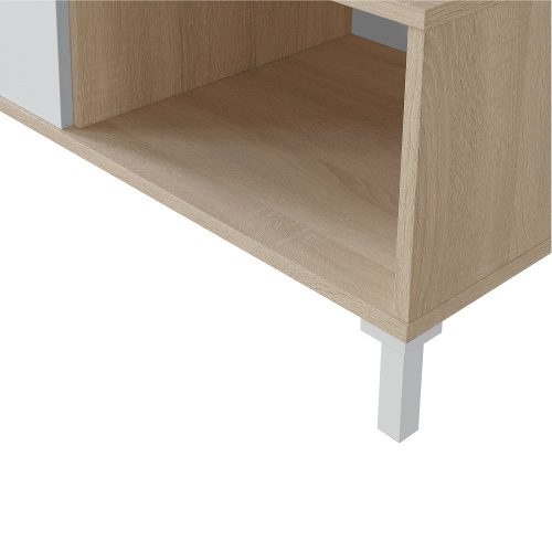Mesa de centro, 2 compartimientos para almacenaje, 4 patas, bicolor blanca-roble, detalle - Albendea