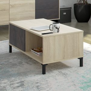 Mesa de centro, 2 compartimientos para almacenaje, 4 patas, bicolor roble-óxido, salón - Albendea