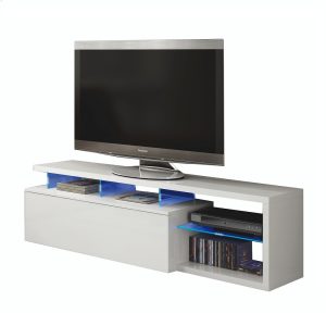 Mueble TV, estantes de cristal y luces led de color azul, puerta tipo push - Baterno