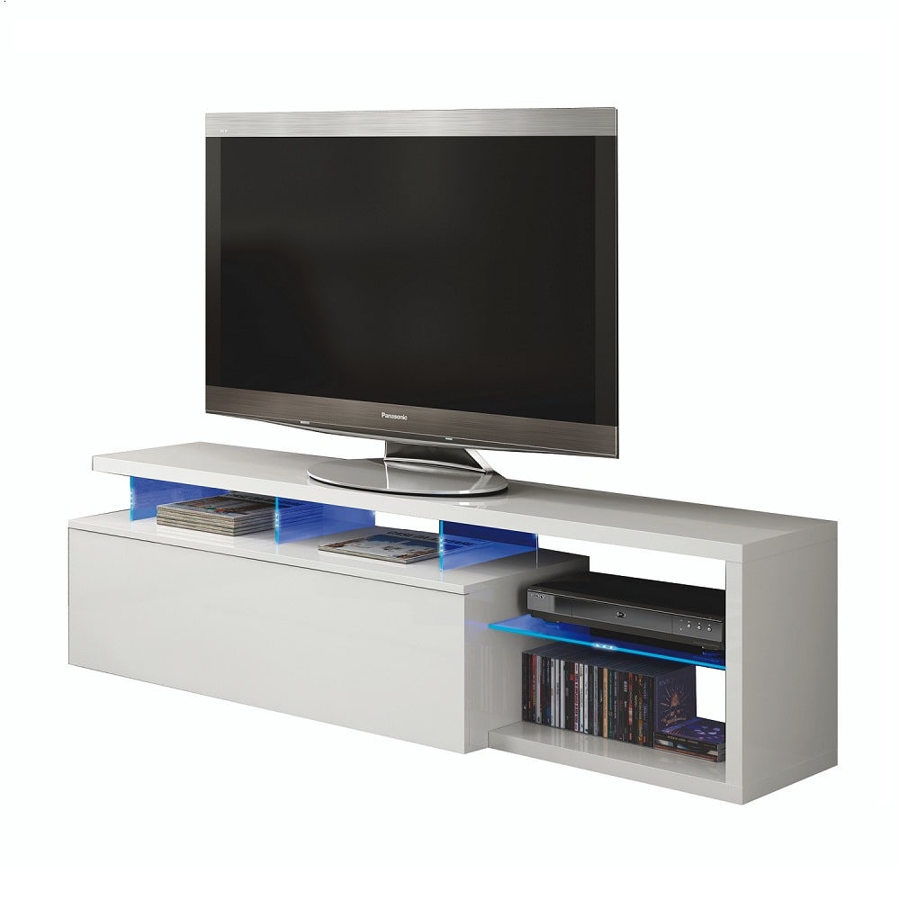 Mueble TV, estante de cristal, luces LED color azul, puerta tipo push - Baterno