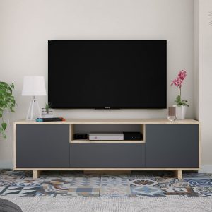 Mueble para TV con 3 puertas y 1 balda abierta en la parte superior, roble-gris - Becedas