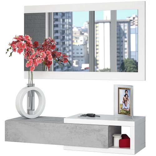 Recibidor de pared con cajón y espejo colgante con una balda abierta, Blanco - cemento - Baza