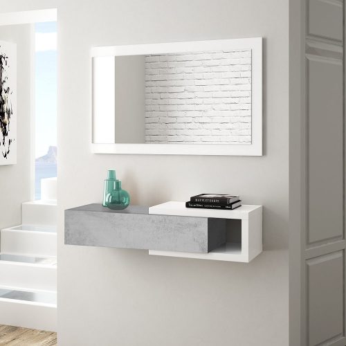 Recibidor de pared con cajón y espejo colgante con una balda abierta, Blanco - cemento, decorado - Baza