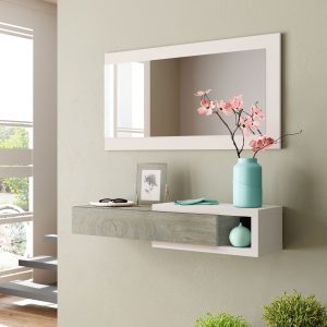 Recibidor de pared con cajón y espejo colgante con una balda abierta, Blanco - roble, decorado - Baza