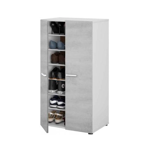 Zapatero armario, 2 puertas, 6 estantes, bicolor cemento-blanco, 14 pares, abierto - Alcampell
