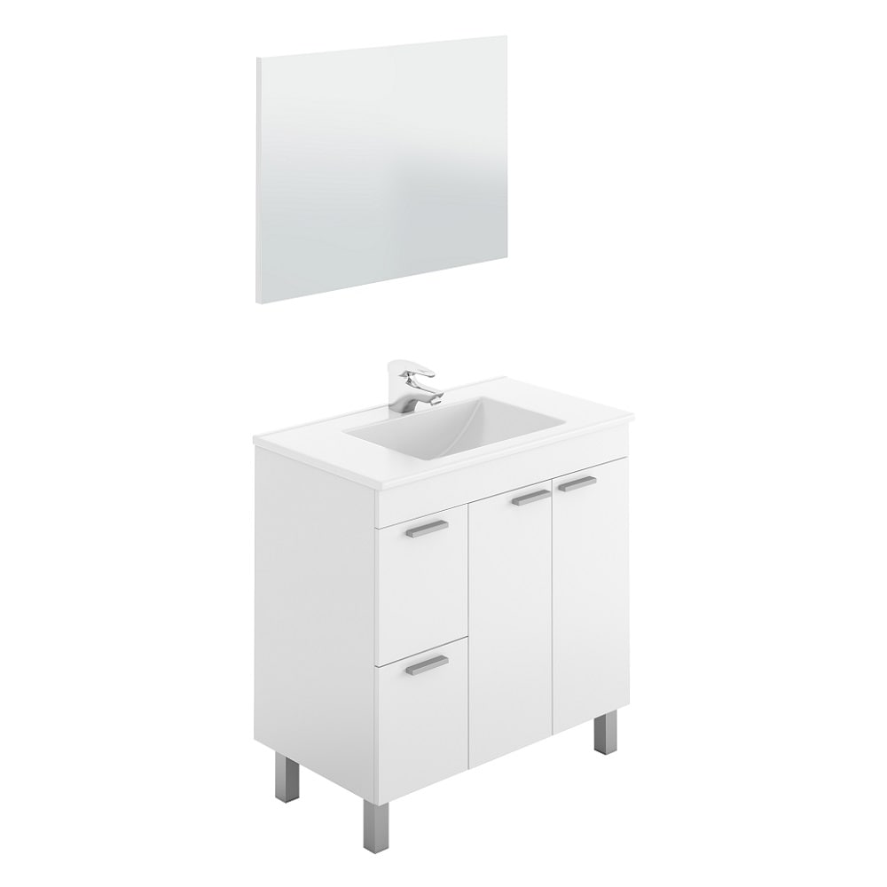 Juego de baño: mueble 2 cajónes, 2 puertas, lavabo, espejo, 80 cm - Alcanar Blanco