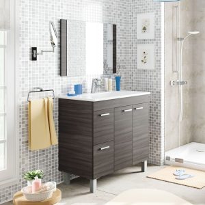 Juego de baño mueble con cajónes, estantes 2 puertas, lavabo, espejo, blanco gris - Alcanar