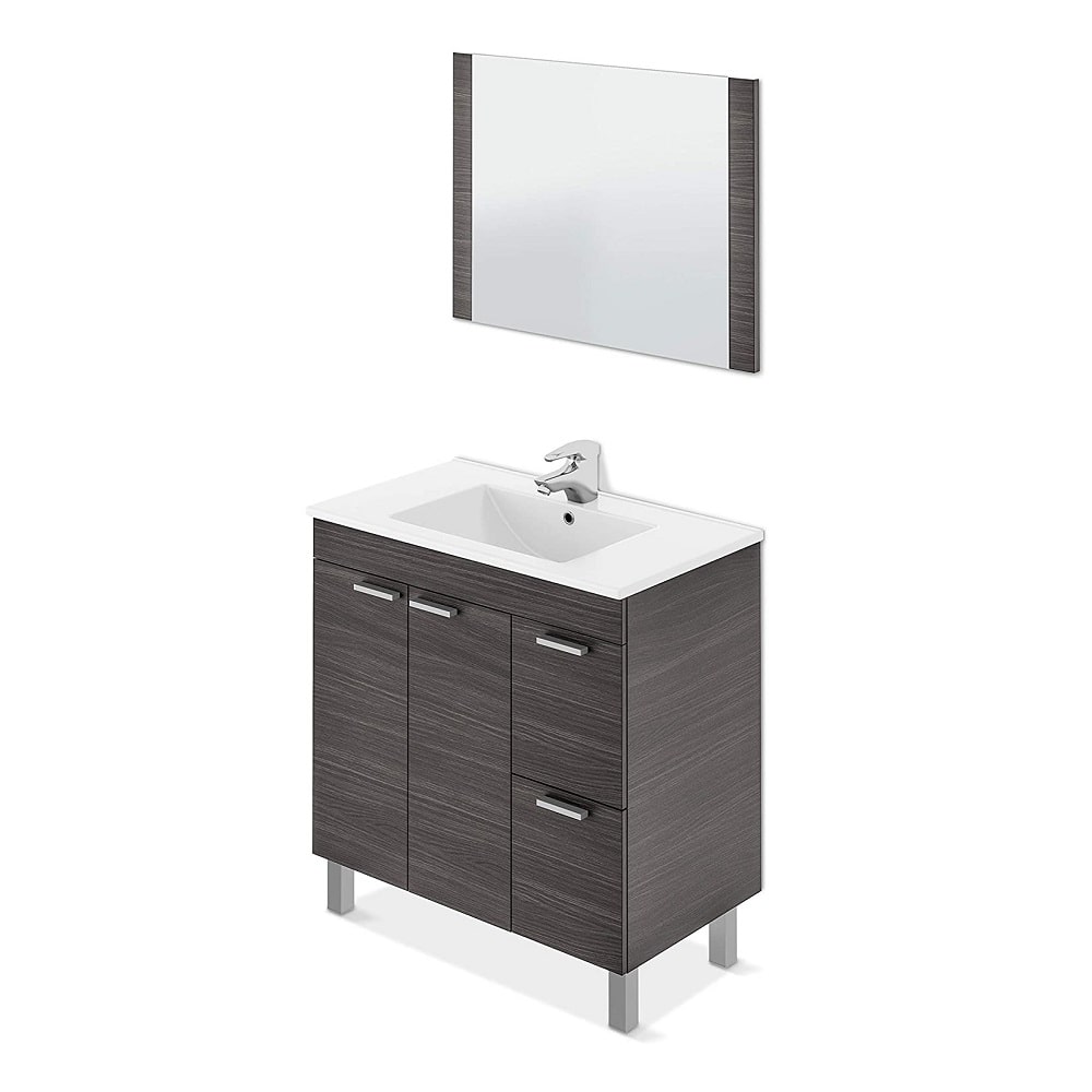 Juego de baño: mueble 2 cajónes, 2 puertas, lavabo, espejo, 80 cm - Alcanar Gris