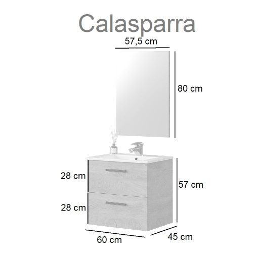 Medidas conjunto de baño con mueble y espejo para colgar, dos cajones - Calasparra