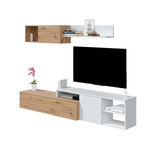 Conjunto reversible mueble TV, módulo superior 1 puerta, estante colgar, 221 cm, cerrado, decorado - Alella