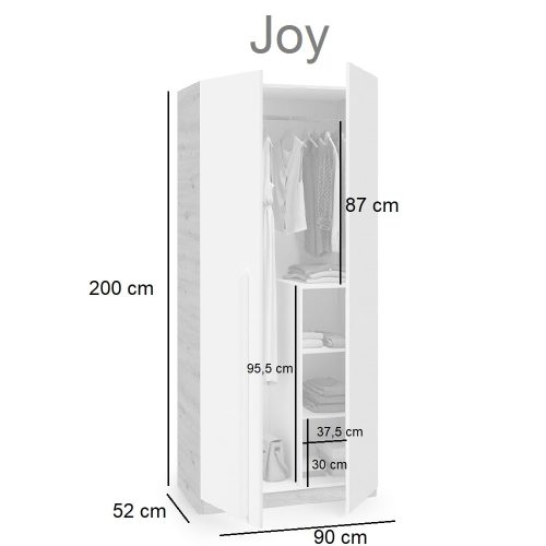 Medidas armario juvenil 2 puertas batientes, barra para colgar y 3 estantes internos. abierto - Joy