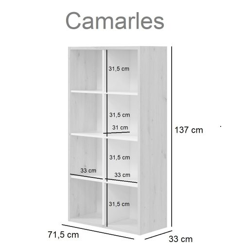 Medidas estantería reversible bicolor de 4 niveles y 8 baldas abiertas, rectangular - Camarles