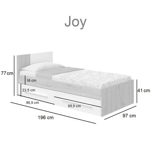 Medidas. Cama juvenil con cabezal para colchón 90 x 190 cm con 2 cajones - Joy