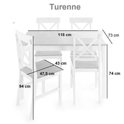 Medidas. Juego mesa pequeña de madera, cuatro sillas, bicolor blanco-madera - Turenne