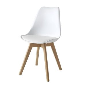 Silla plástica, asiento con cojín, estilo nórdico, patas de madera, blanca - Lund