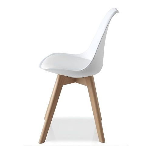 Silla plástica, asiento con cojín, estilo nórdico, patas de madera, blanca, lado - Lund