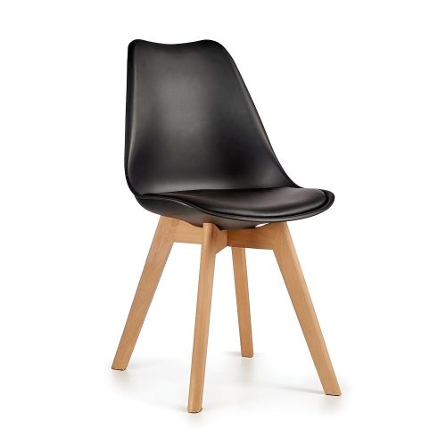Silla plástica, asiento con cojín, estilo nórdico, patas de madera, negro - Lund