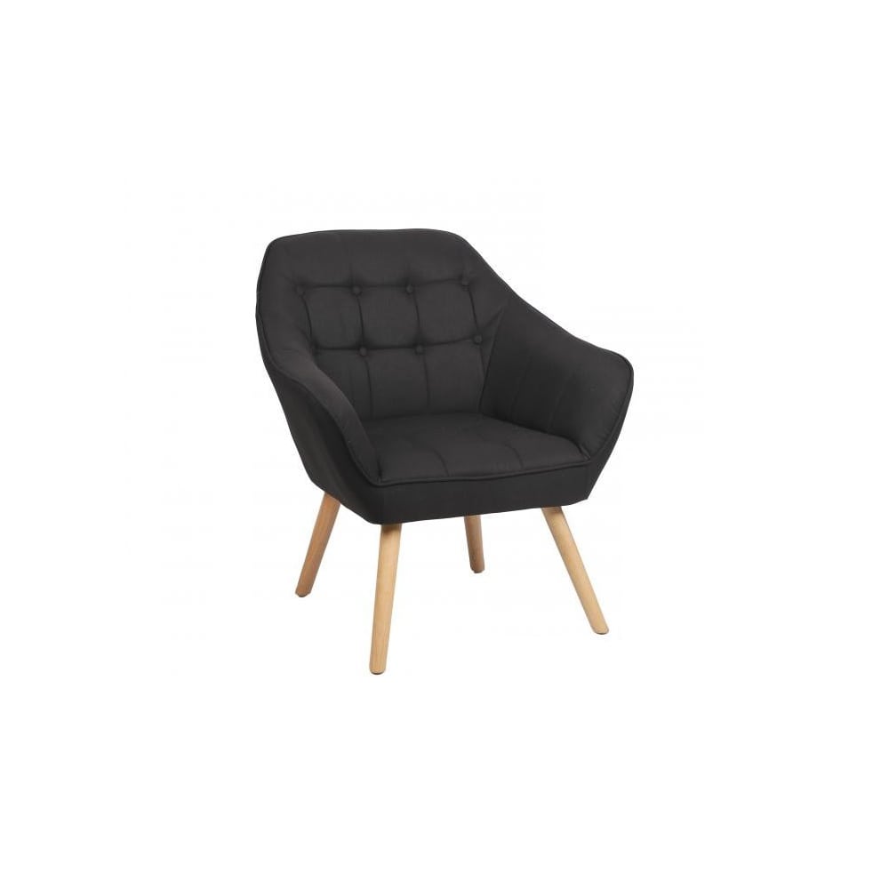 Sillón de tela denim, patas madera, botones en asiento y respaldo - Adradas Negro