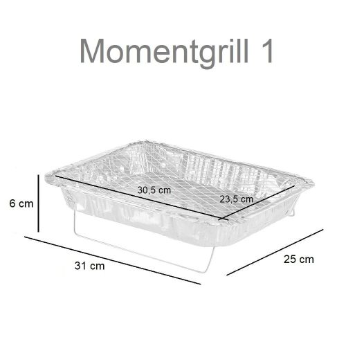 Medidas. Barbacoa desechable de carbón, rectangular, aluminio con soportes de acero, 31 x 25 cm – Momentgrill