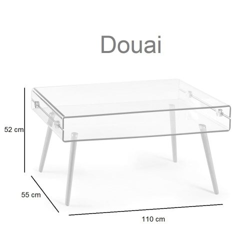 Medidas. Mesa centro de cristal, rectangular, espacio de almacenamiento abierto, patas color madera, detalles – Douai