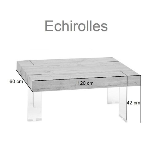 Medidas. Mesa centro rectangular con patas planas de cristal, asimétricos, color madera – Echirolles