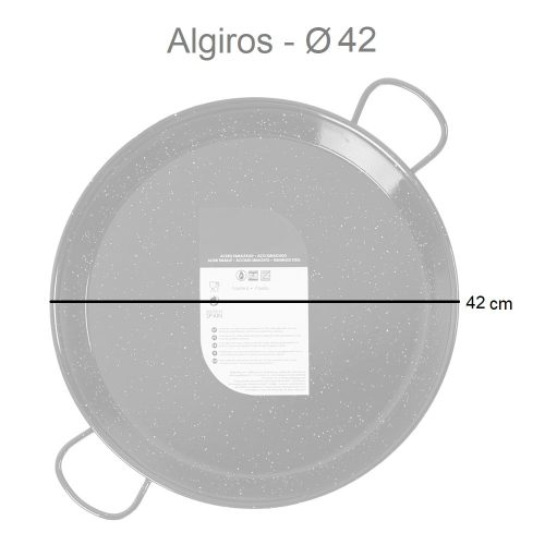 Medidas. Paellera de acero esmaltado, negra, diámetro 34-70 cm, capacidad 6-30 raciones, 42 cm - Algiros