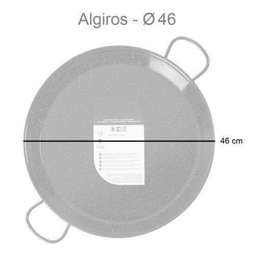 Medidas. Paellera de acero esmaltado, negra, diámetro 34-70 cm, capacidad 6-30 raciones, 46 cm - Algiros