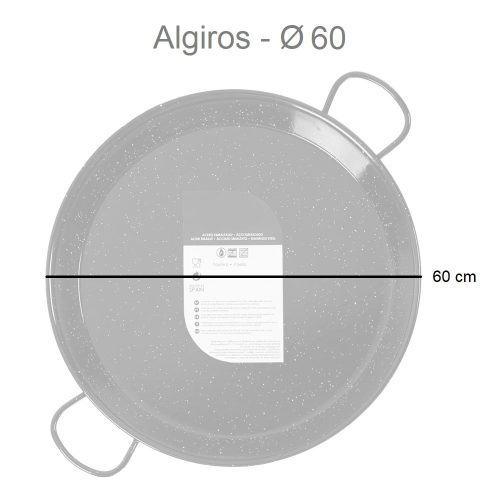 Medidas. Paellera de acero esmaltado, negra, diámetro 34-70 cm, capacidad 6-30 raciones, 60 cm - Algiros