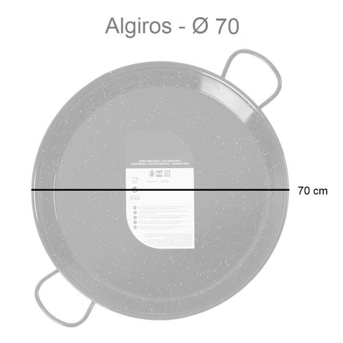 Medidas. Paellera de acero esmaltado, negra, diámetro 34-70 cm, capacidad 6-30 raciones, 70 cm - Algiros