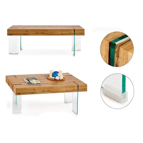 Mesa centro rectangular color madera con soportes planos de cristal, asimétricos, detalles - Echirolles