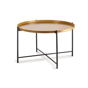 Mesa de centro, redonda, 4 patas, soporte de listones de metal cruzados, dos tonos, dorado - negro - Dreux