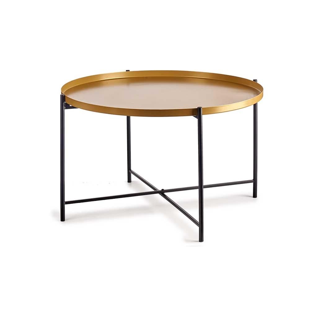 Mesa de centro redonda, con borde, 4 patas, soporte de listones de metal cruzados - Dreux Dorado - negro