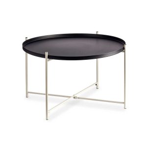 Mesa de centro, redonda, 4 patas, soporte de listones de metal cruzados, dos tonos, negro - blanco - Dreux