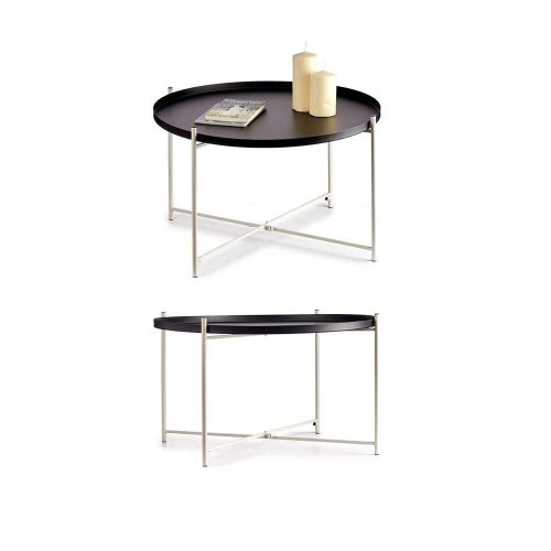 Mesa de centro, redonda, 4 patas, soporte de listones de metal cruzados, dos tonos, negro - blanco, decorado - Dreux