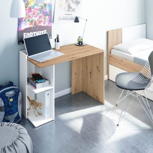 Mesa de estudio juvenil, diseño irregular, dos estantes abiertos, bicolor, alcoba - Algadefe
