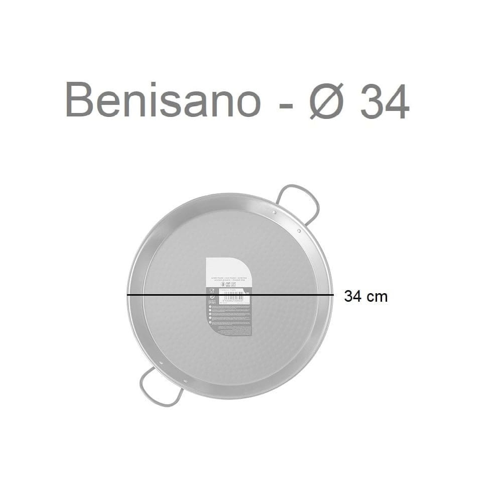 Paellera de acero pulido, diámetro 34-70 cm, capacidad 6-30 raciones - Benisano 34 cm