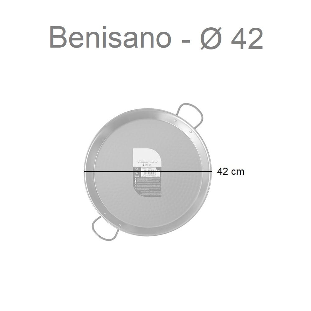 Paellera de acero pulido, diámetro 34-70 cm, capacidad 6-30 raciones - Benisano 42 cm